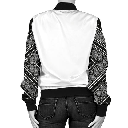 Women's Black Bandana on White Sleeved Bomber Jacket