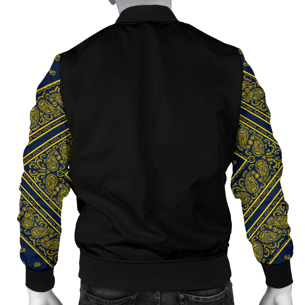 Men' Navy Blue and Gold Bandana Sleeved Bomber Jacket