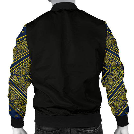 Men' Navy Blue and Gold Bandana Sleeved Bomber Jacket