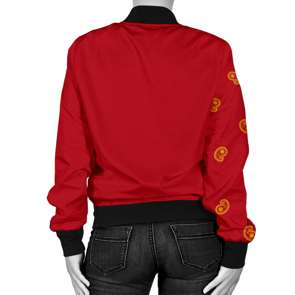 Asymmetrical Red and Gold Bandana Women's Bomber Jacket