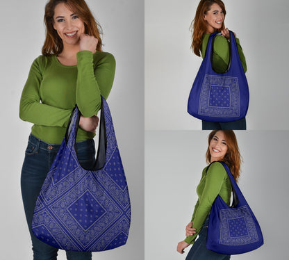 blue and grey bandana shopping bags