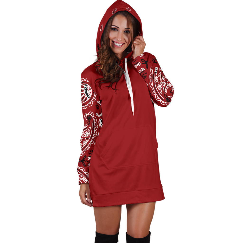 Red Bandana Hoodie Dress with hood up