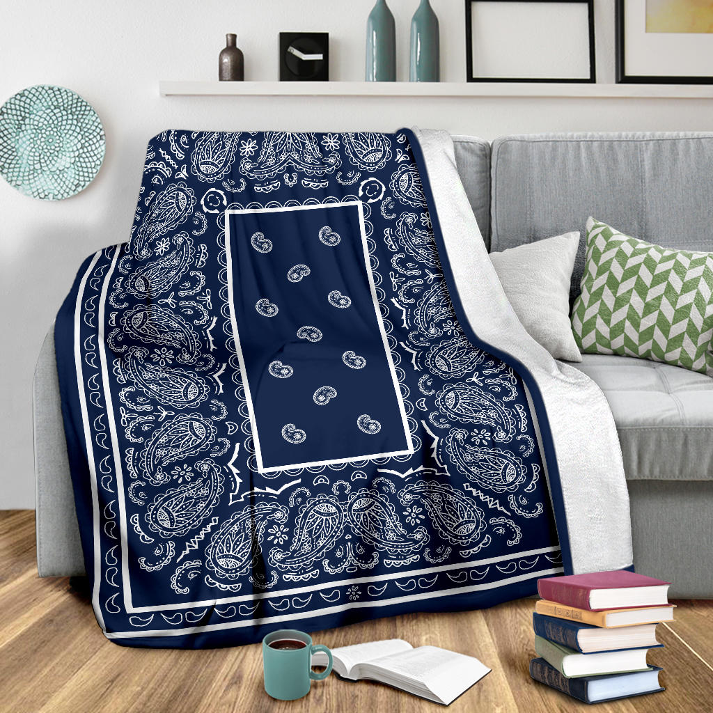 Dark Navy and White Bandana Fleece Throw