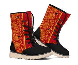 red and gold bandana snow boots