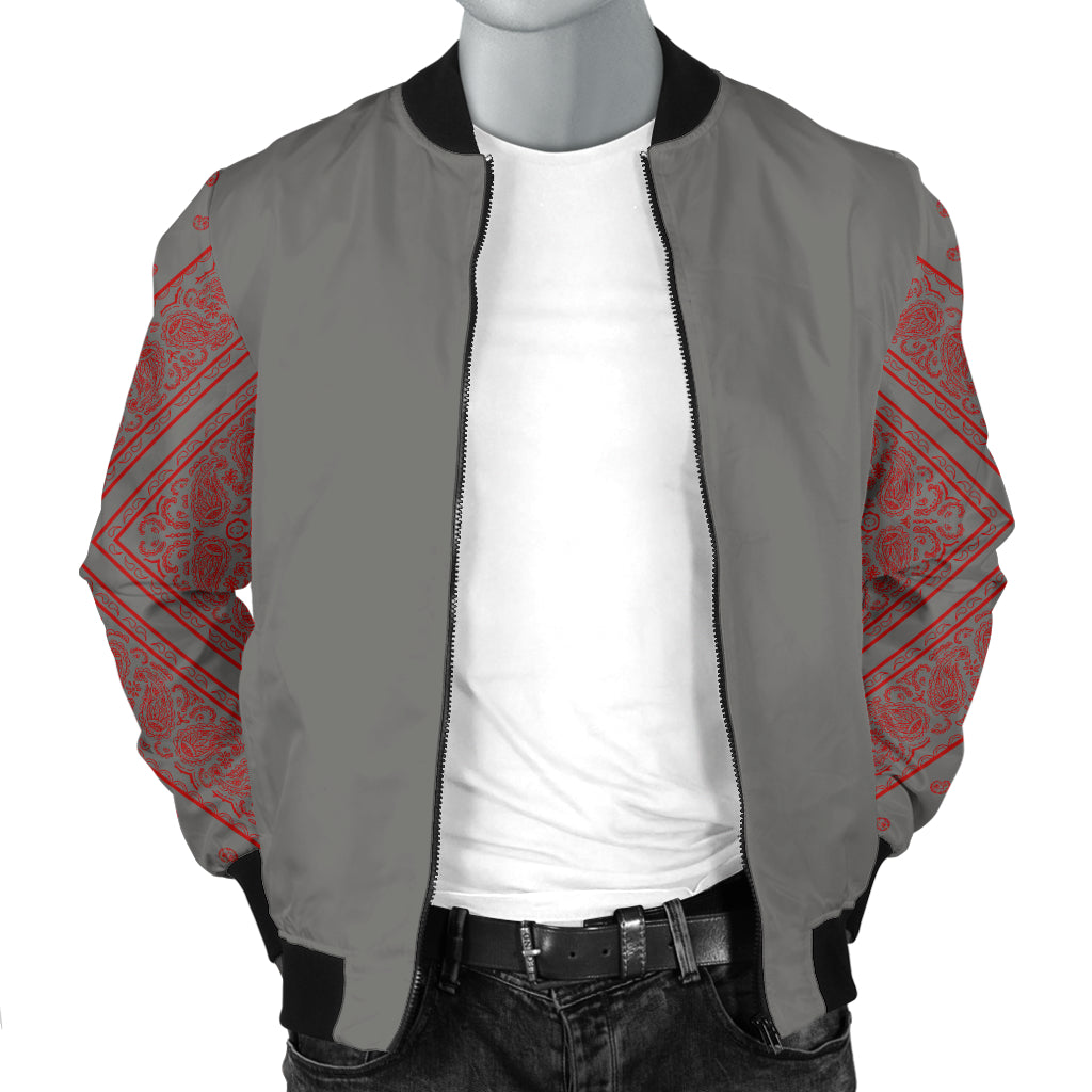 Men's Gray and Red Bandana Sleeved Bomber Jacket
