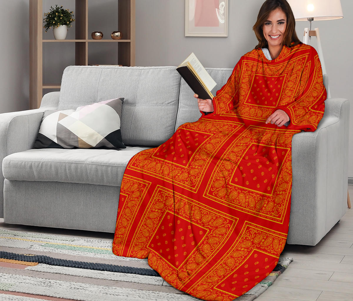 red and yellow bandana blanket with sleeves