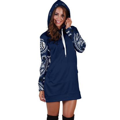 Navy Blue Bandana Print Hoodie Dress Front