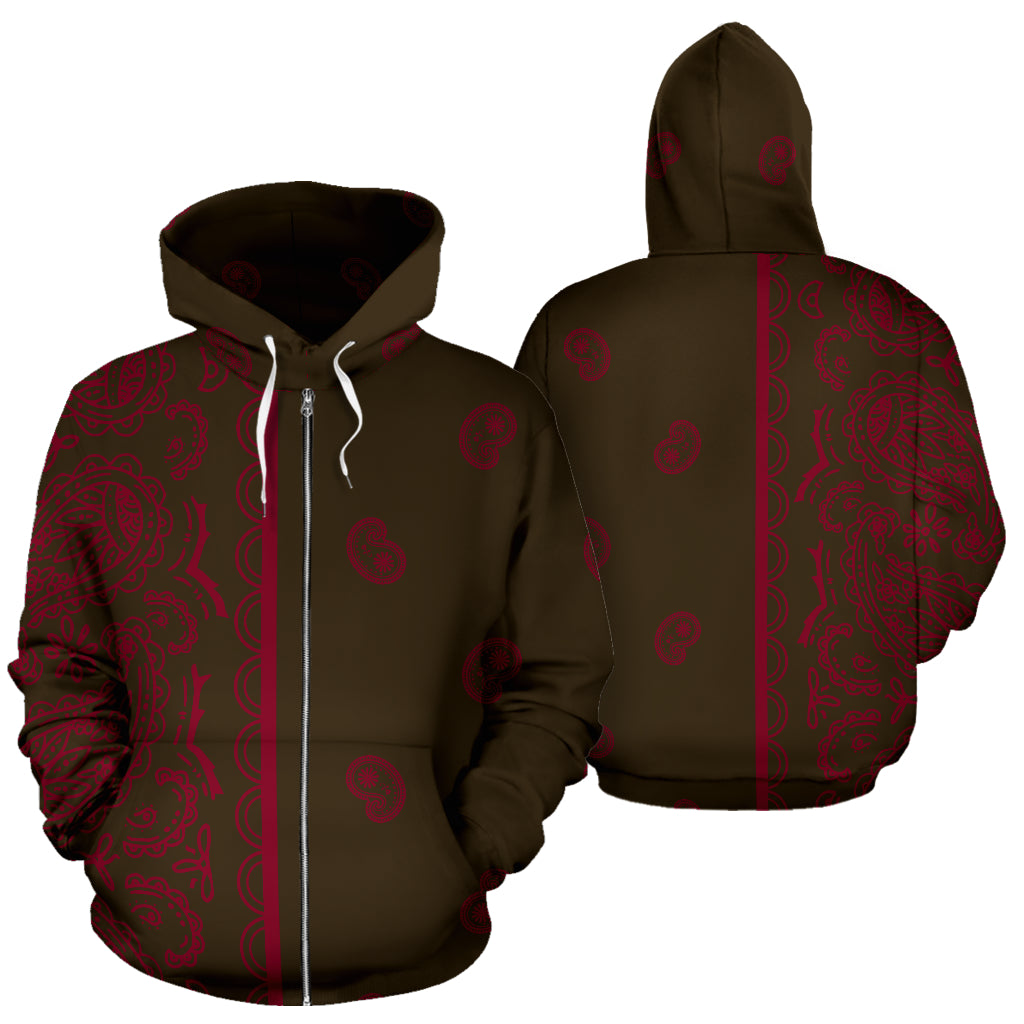 Asymmetrical Brown and Burgundy Bandana Zip Up Hoodie