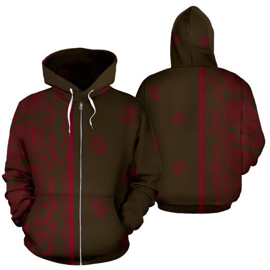 Asymmetrical Brown and Burgundy Bandana Zip Up Hoodie