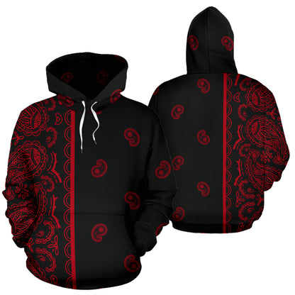 red and black pullover hoodie with bandana print