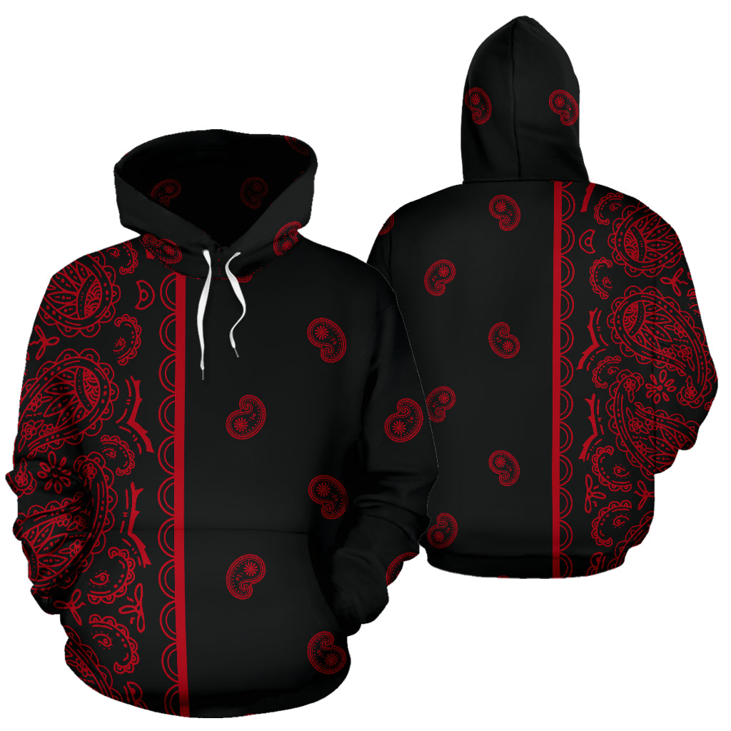 red and black pullover hoodie with bandana print