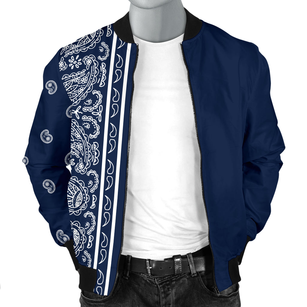 Men's Asymmetrical Navy Blue and White Bandana Bomber Jacket