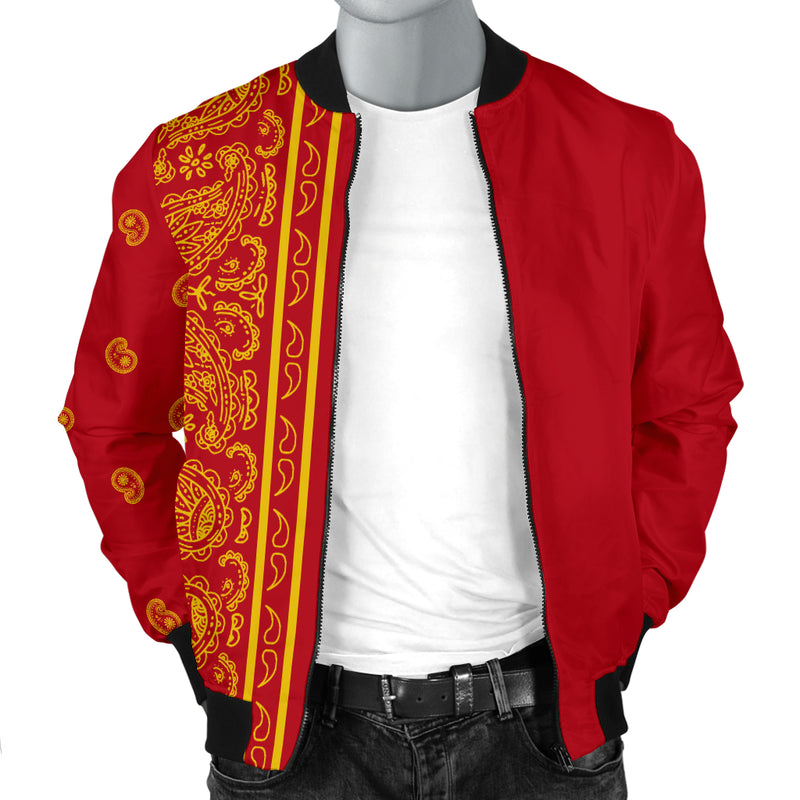 Asymmetrical Red and Gold Bandana Men's Bomber Jacket
