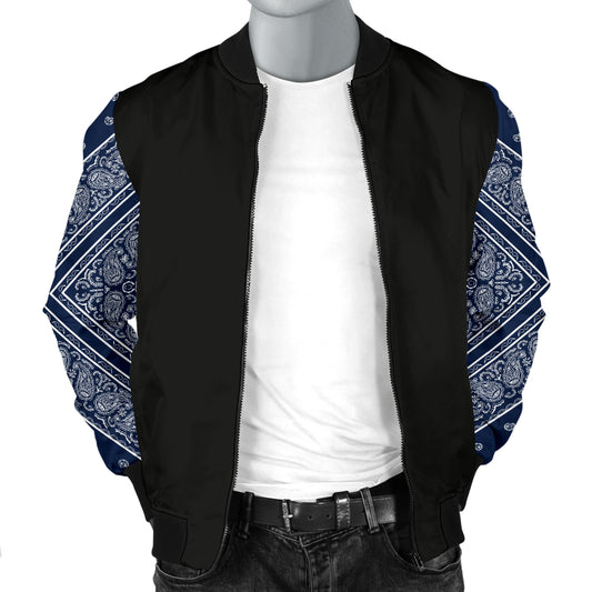 Men's Navy Blue and White Bandana Sleeved Bomber Jacket