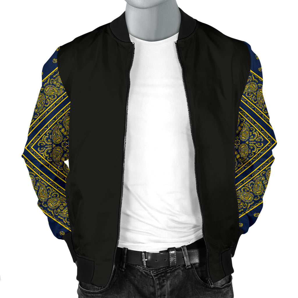 Men' Navy Blue and Gold Bandana Sleeved Bomber Jacket
