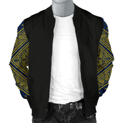 Men' Navy Blue and Gold Bandana Sleeved Bomber Jacket