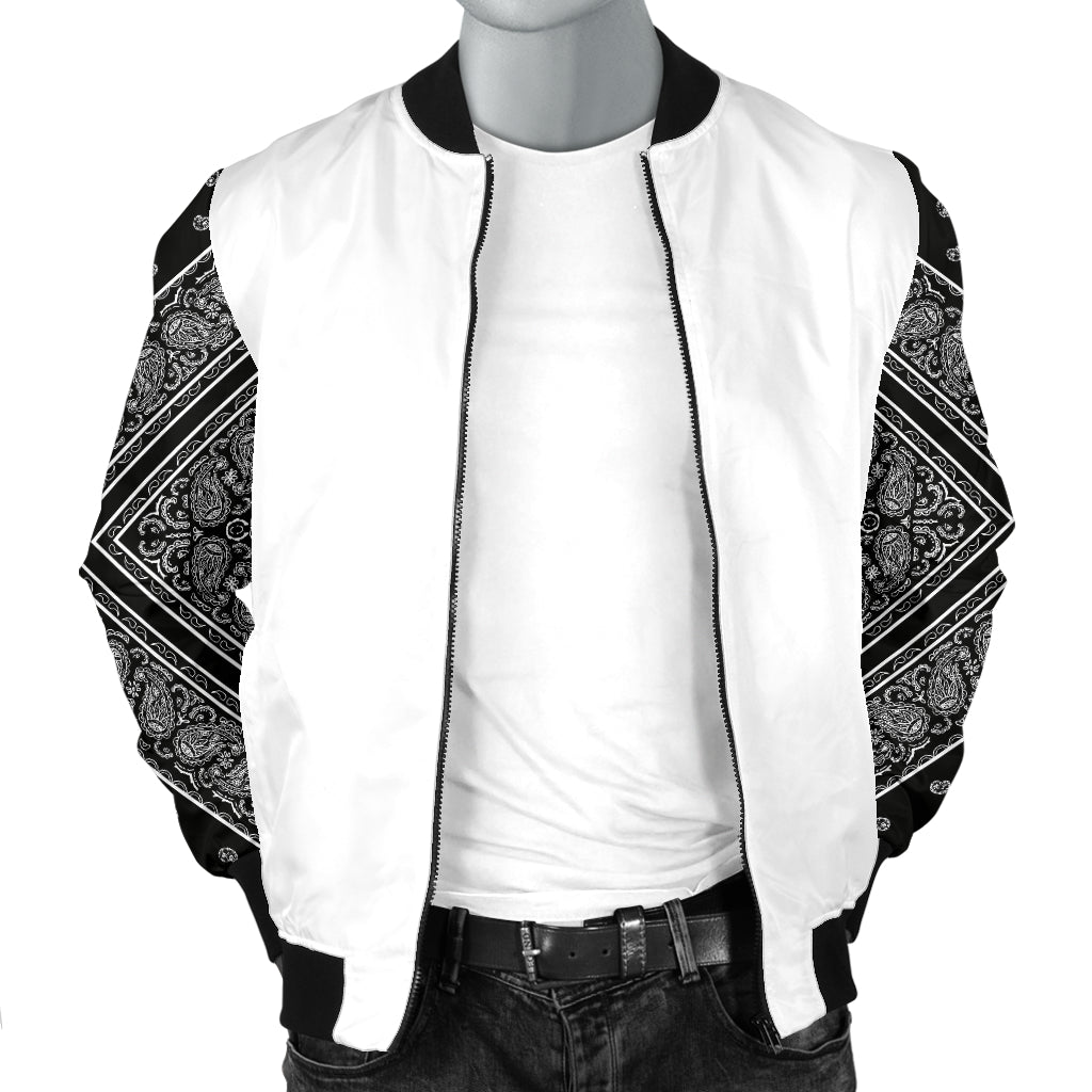 Men's Black Bandana on White Sleeved Bomber Jacket