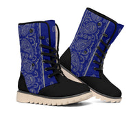 blue and gray bandana print winter boots