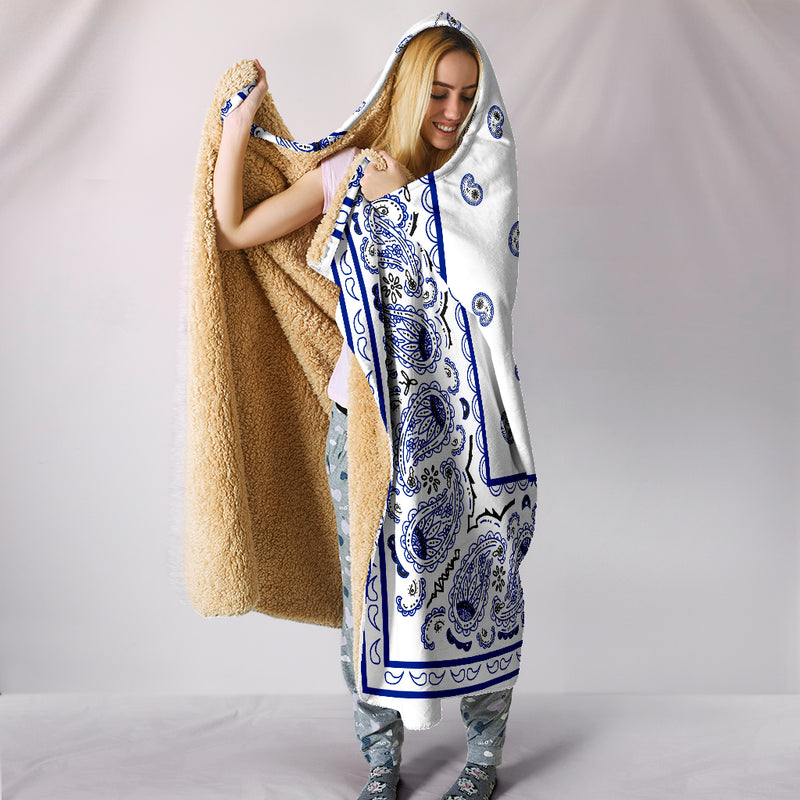 White with Blue Bandana Hooded Blanket front