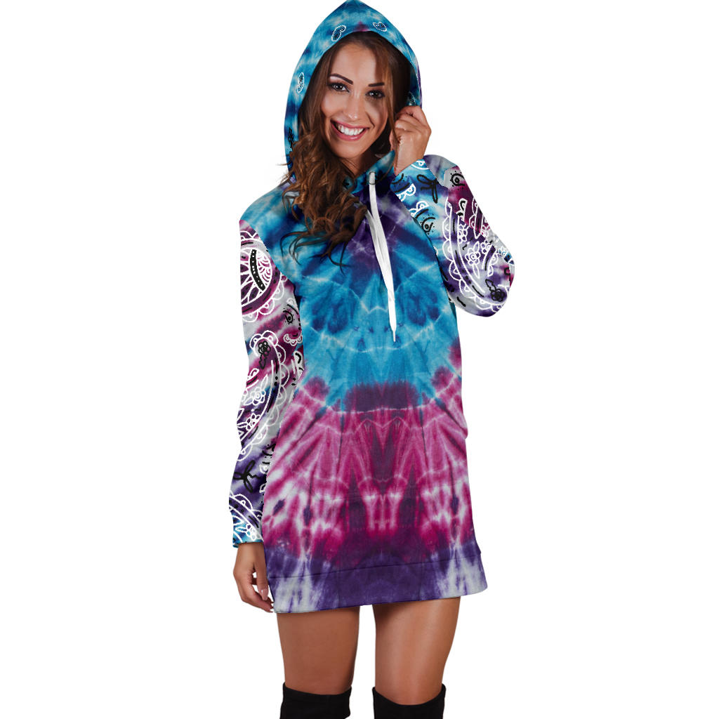 Blue Tie Dye Bandana Hoodie Dress Hood Up