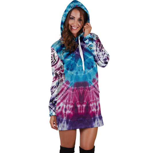 Blue Tie Dye Bandana Hoodie Dress Hood Up