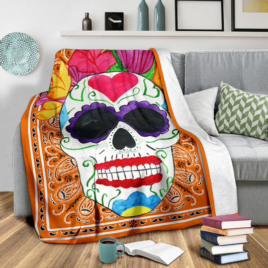 Ultra Plush Orange Bandana Sugar Skull Fleece Throw