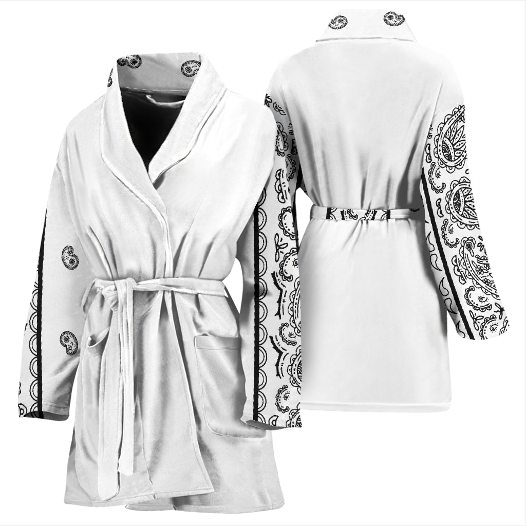 white and black robe with bandana print