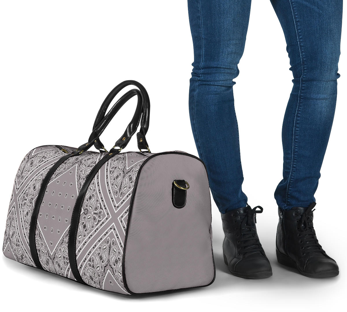 gray bandana print travel bags