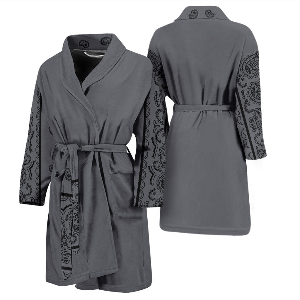 gray and black bandana print robe