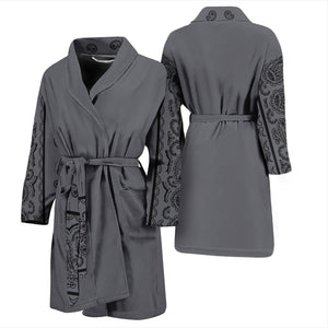 gray and black bandana print robe