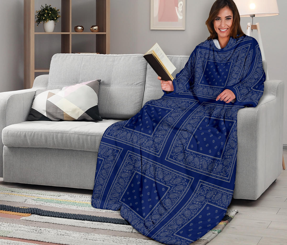blue and gray bandana sleeved blanket