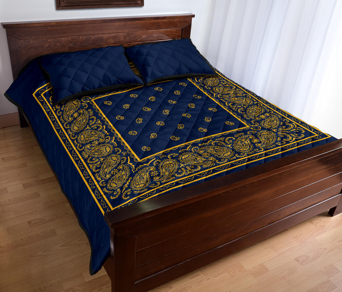 navy blue and gold bedspread set