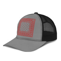 red and gray bandana hat