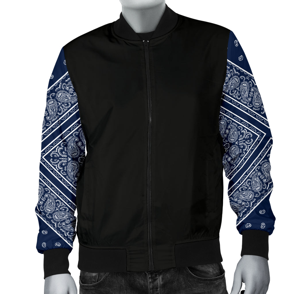 Men's Navy Blue and White Bandana Sleeved Bomber Jacket