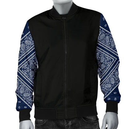 Men's Navy Blue and White Bandana Sleeved Bomber Jacket
