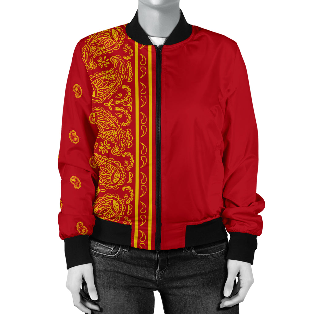 Asymmetrical Red and Gold Bandana Women's Bomber Jacket