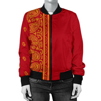 Asymmetrical Red and Gold Bandana Women's Bomber Jacket