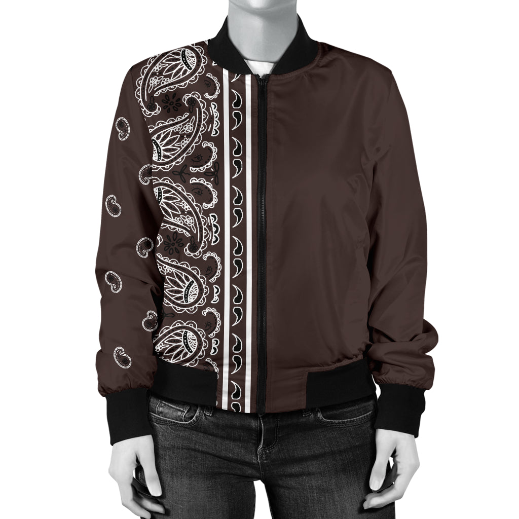 Asymmetrical Coffee Brown Bandana Women's Bomber Jacket