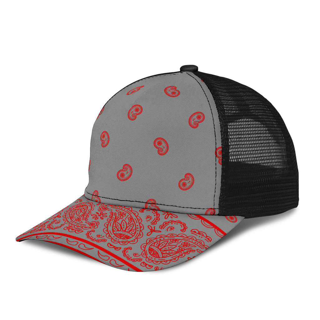 gray and red bandana cap