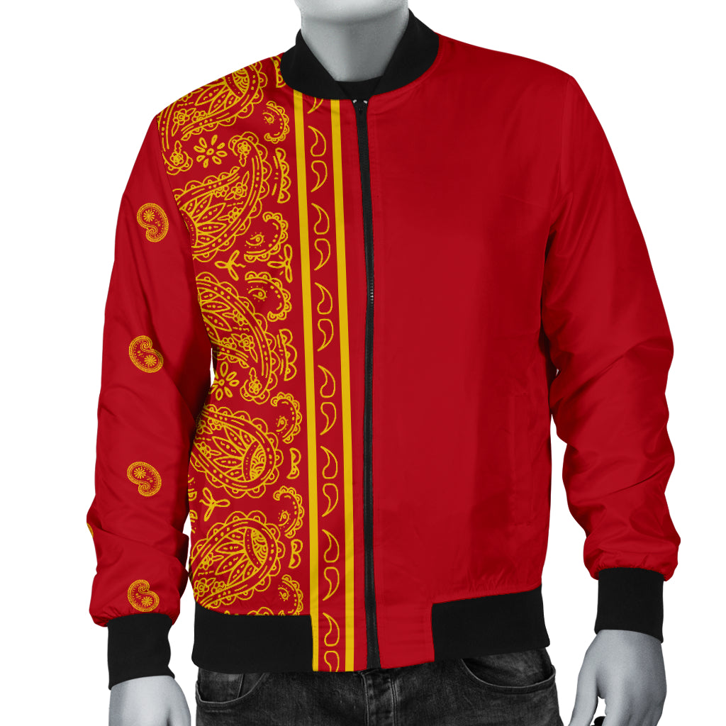 Asymmetrical Red and Gold Bandana Men's Bomber Jacket