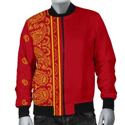 Asymmetrical Red and Gold Bandana Men's Bomber Jacket