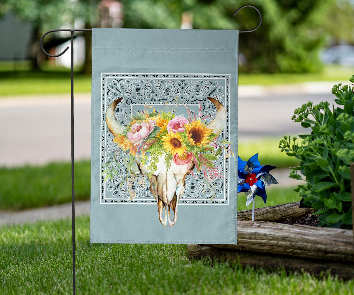 Blue Bandana Cow Skull Home and Garden Flags
