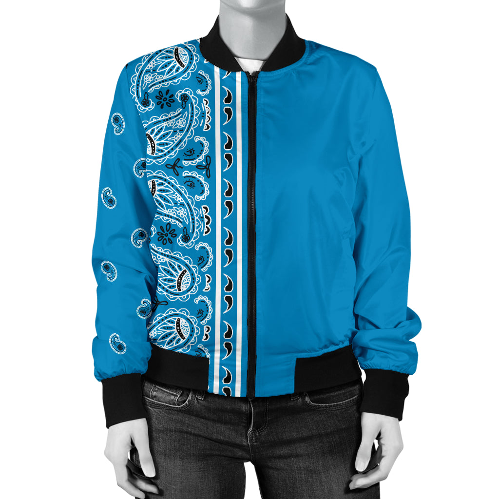 Asymmetrical Sky Blue Bandana Women's Bomber Jacket