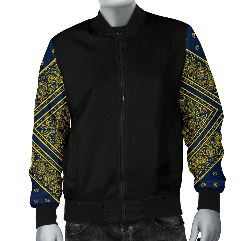 Men' Navy Blue and Gold Bandana Sleeved Bomber Jacket