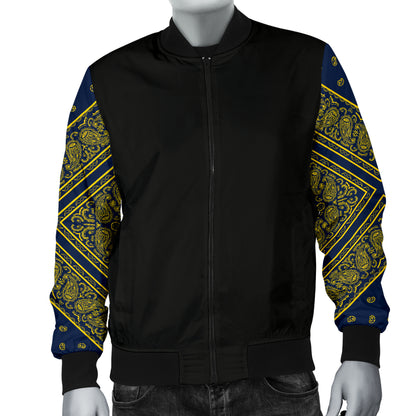 Men' Navy Blue and Gold Bandana Sleeved Bomber Jacket