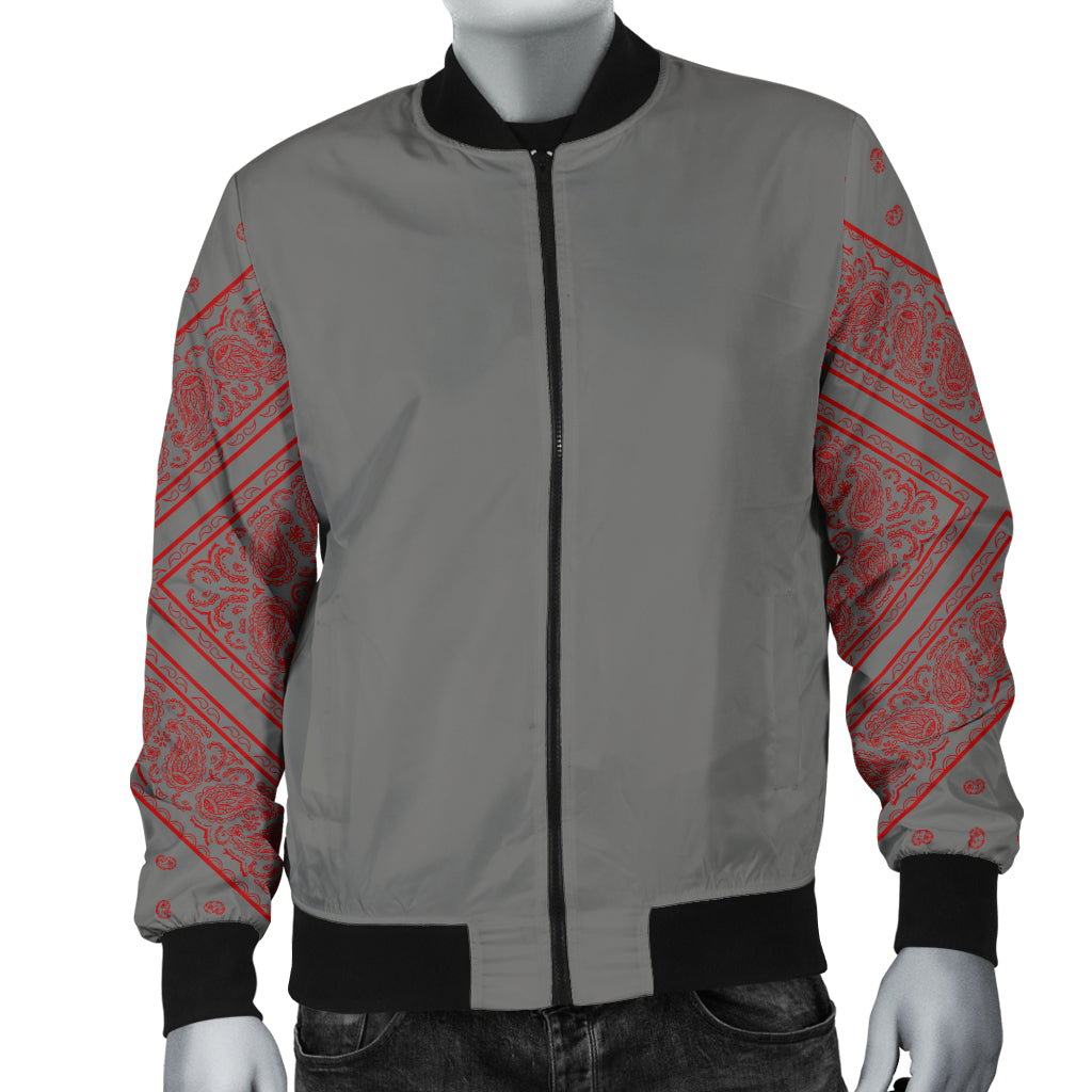 Men's Gray and Red Bandana Sleeved Bomber Jacket