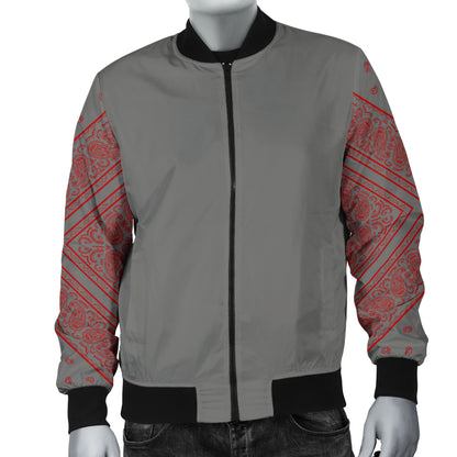 Men's Gray and Red Bandana Sleeved Bomber Jacket