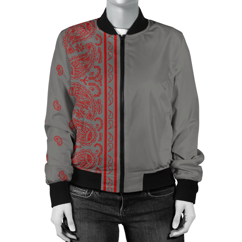 Asymmetrical Gray and Red Bandana Women's Bomber Jacket