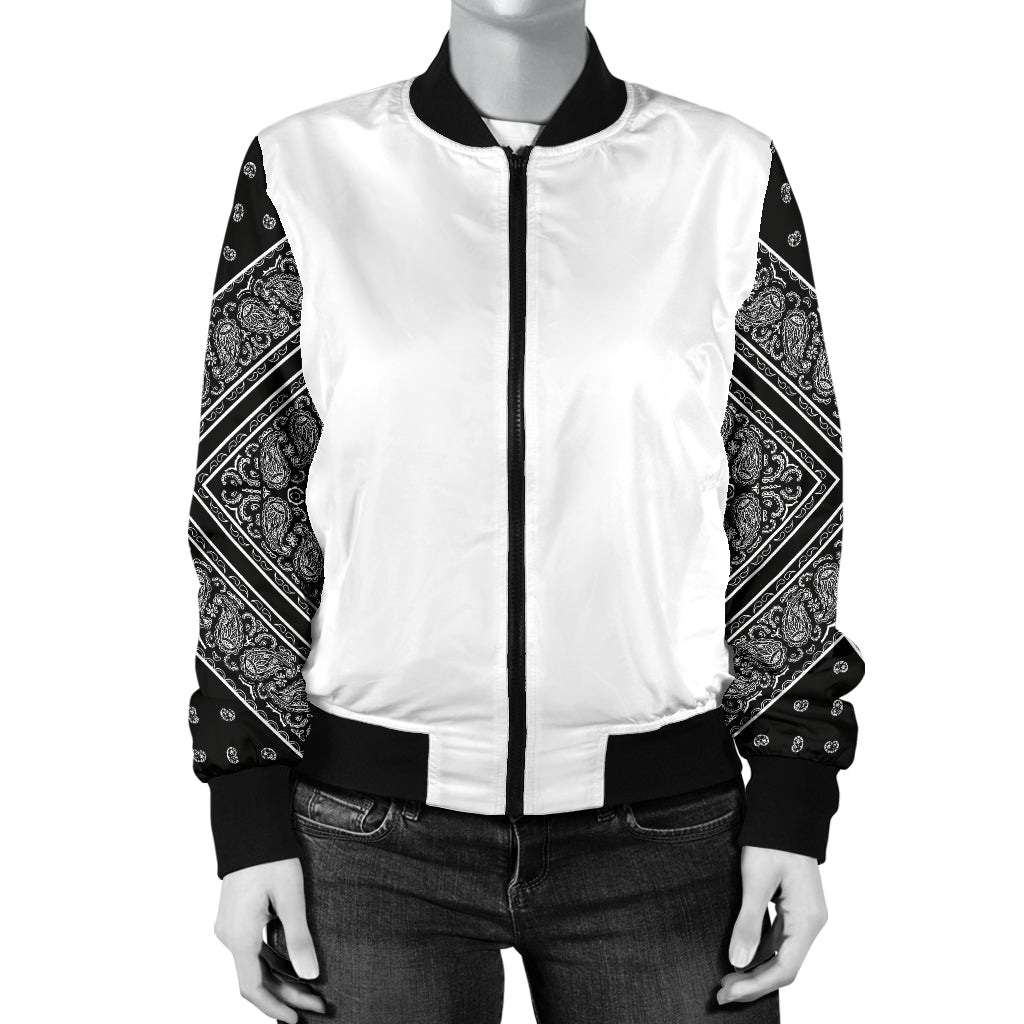 Women's Black Bandana on White Sleeved Bomber Jacket