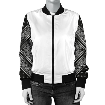 Women's Black Bandana on White Sleeved Bomber Jacket